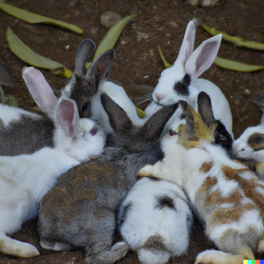 a group of rabbits in a huddle facing each other